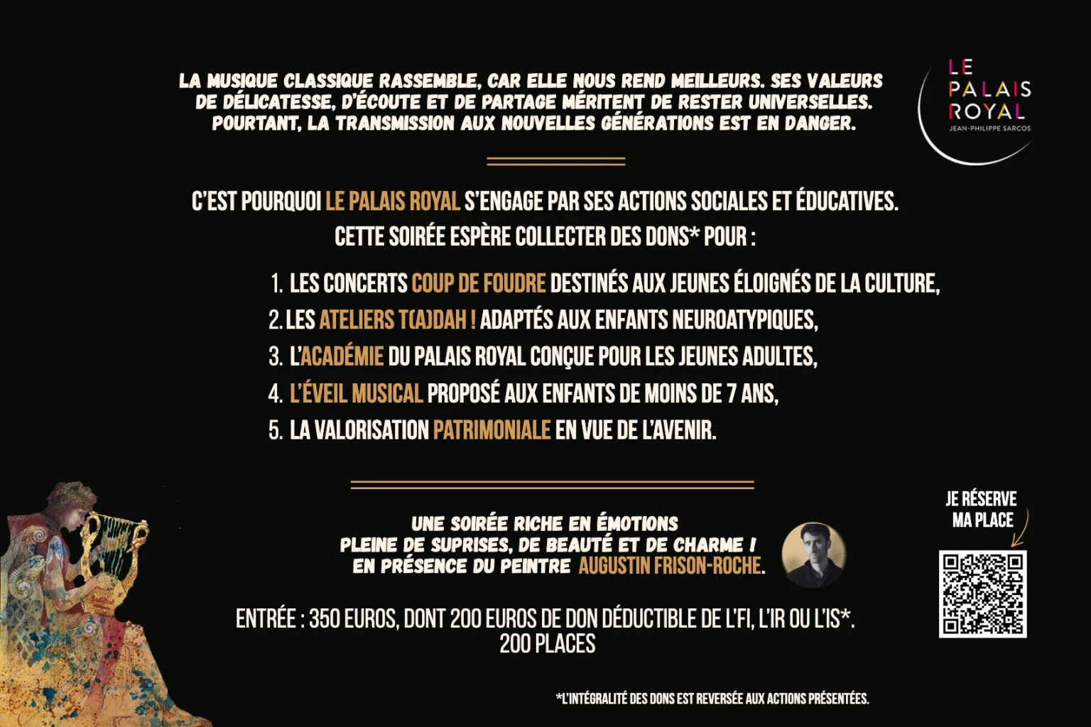 Carton d'invitation de la soirée de gala, verso : actions soutenues par les dons, tarif et QR code de réservation.